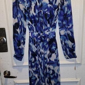 Eliza J Purple Blue Watercolor Chiffon Sheer Belted Shirt Dress size 14 box Ao